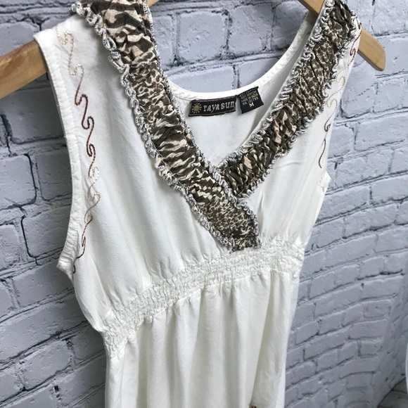 Boho Short Dress by Raya Sun Medium Cream White Embroidered - Picture 2 of 8
